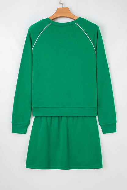 Dark Green Contrast Piping Crewneck Pullover Mini Skirt Set