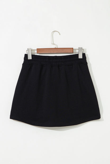 Black French Terry Drawstring Elastic Waistband Mini Skort with Pockets