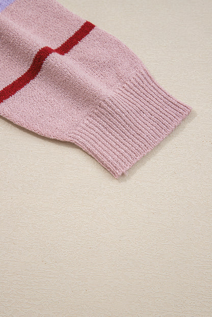 Pink Stripe Ribbed Edge Drop Shoulder Sweater