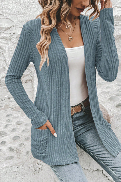 Stone Blue Ribbed Open Front Knitted Top with Pockets