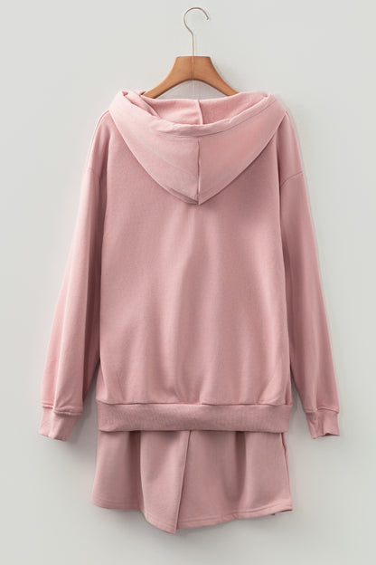 Peach Blossom Button Drawstring Hooded Pullover and Casual Short Set