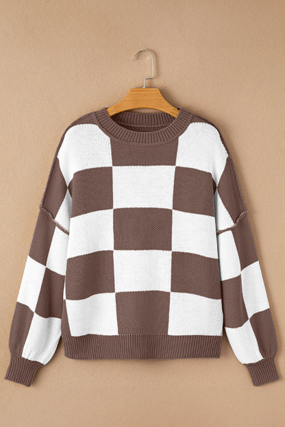 Dark Brown Checkered Bishop Sleeve Sweater