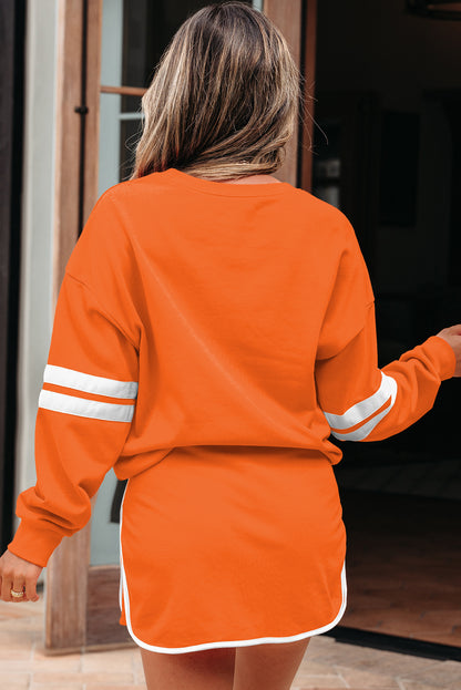 Orange Varsity Stripe Detail Drop Shoulder Pullover Mini Skirt Set