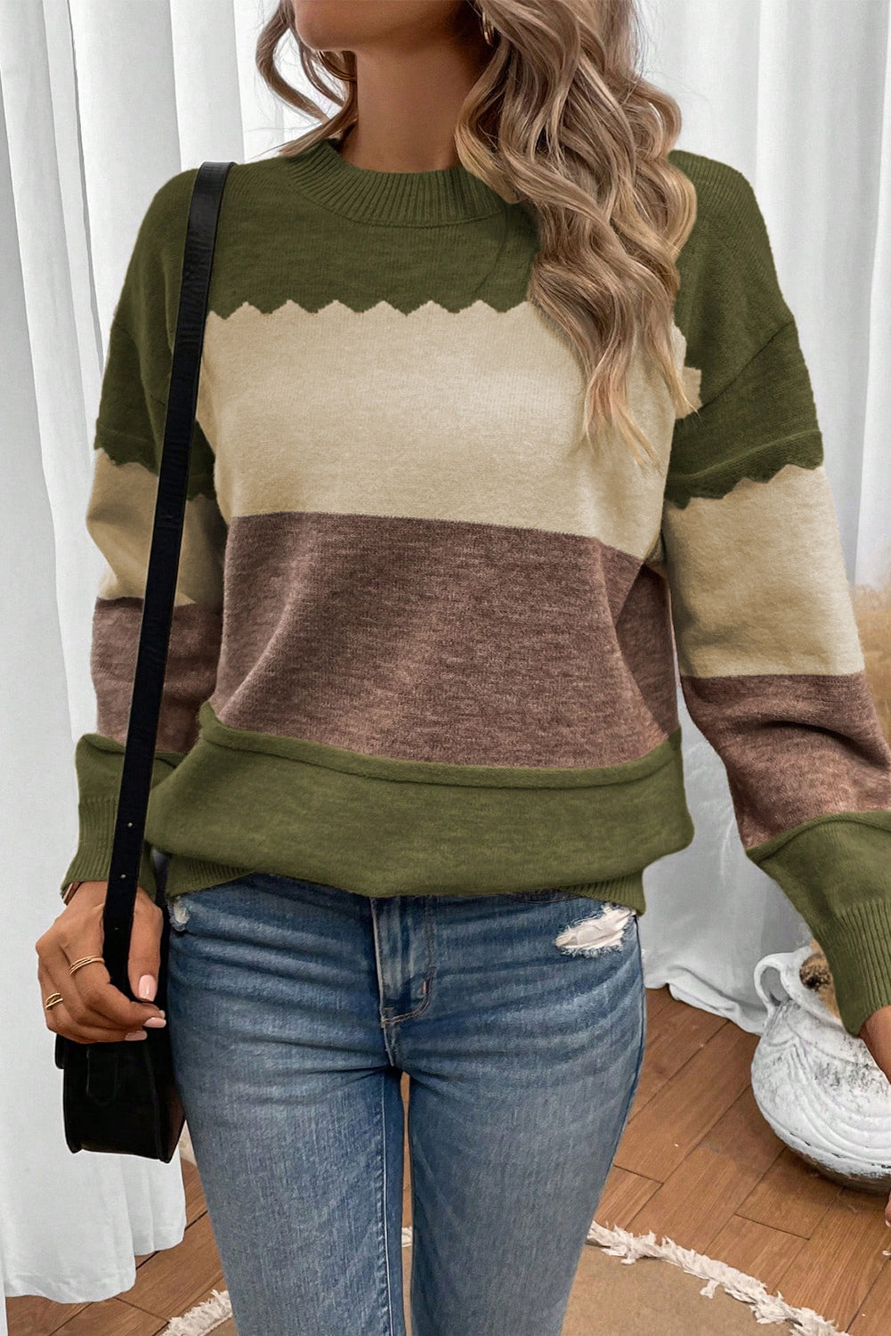 Brown Colorblock Crew Neck Drop Shoulder Sweater