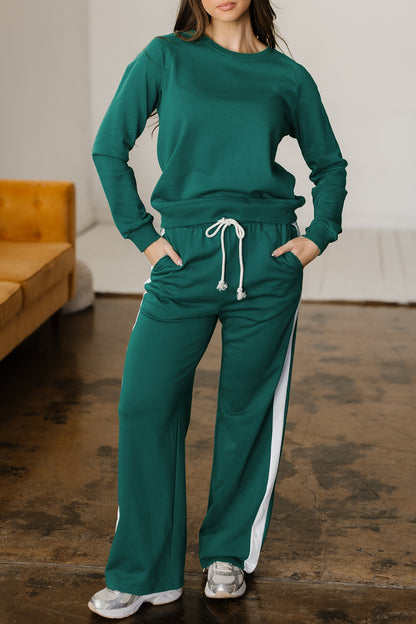 Sea Green Solid Color Pullover Top Varsity Stripe Detail Loose Drawstring Pants Set