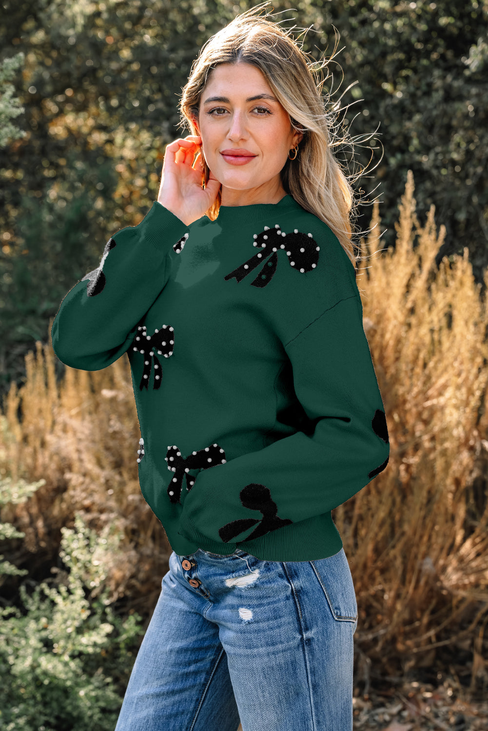 Blackish Green Pearl Embellished Bow Pattern Loose Sweater