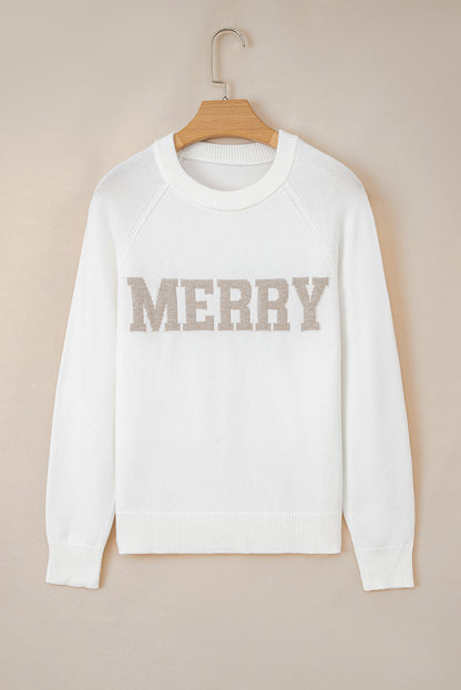 White MERRY Letter Pattern Christmas Raglan Sleeve Sweater