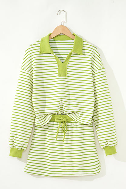 Green Stripe Collared V Neck Drop Shoulder Pullover and Skort 2pcs Outfit