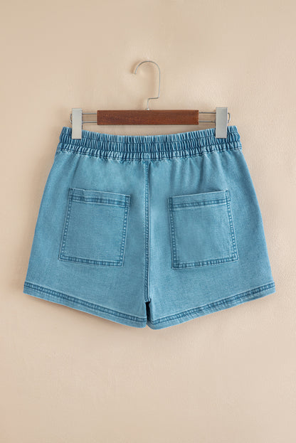 Beau Blue Contrast Drawstring Elastic Waistband Denim Shorts