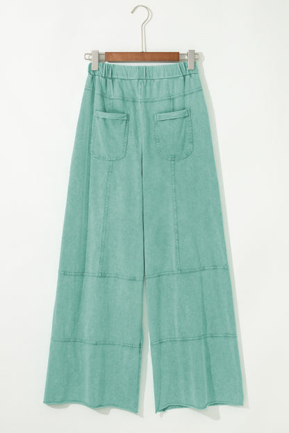 Mint Green Mineral Wash Exposed Seam Drawstring Elastic Waistband Wide Leg Cargo Pants