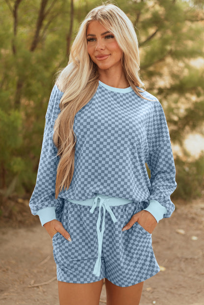 Sky Blue Checkerboard Long Sleeve Pullover and Shorts Set