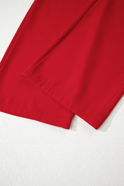 Fiery Red Pleated Detail Pull On High Elastic Waist Loose Straight Pants
