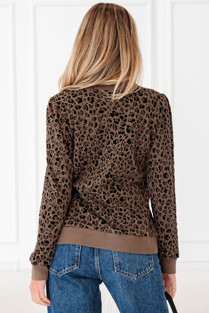 Brown Ribbed Trim Leopard Print Long Sleeve Top