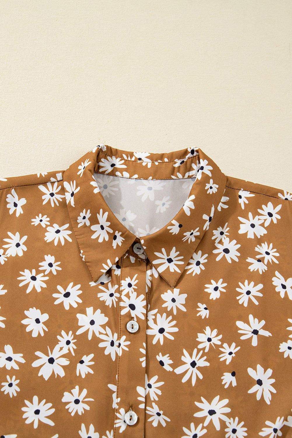 Khaki Plus Size Daisy Floral Print Button Split Neck Puff Sleeve Dress