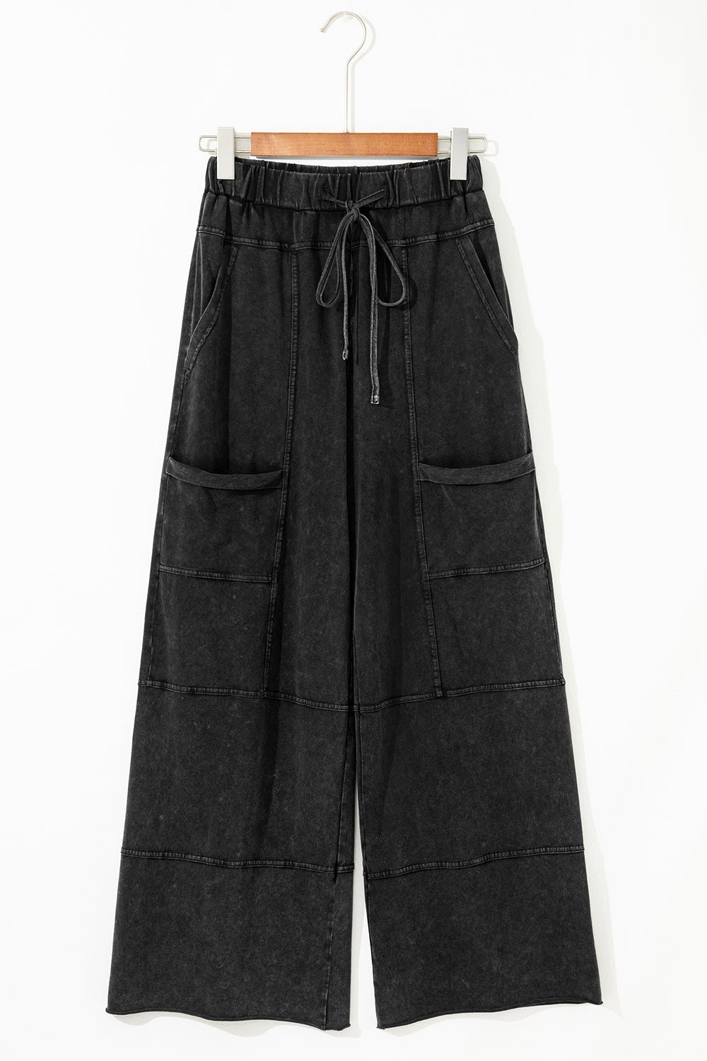 Black Mineral Wash Exposed Seam Drawstring Elastic Waistband Wide Leg Cargo Pants