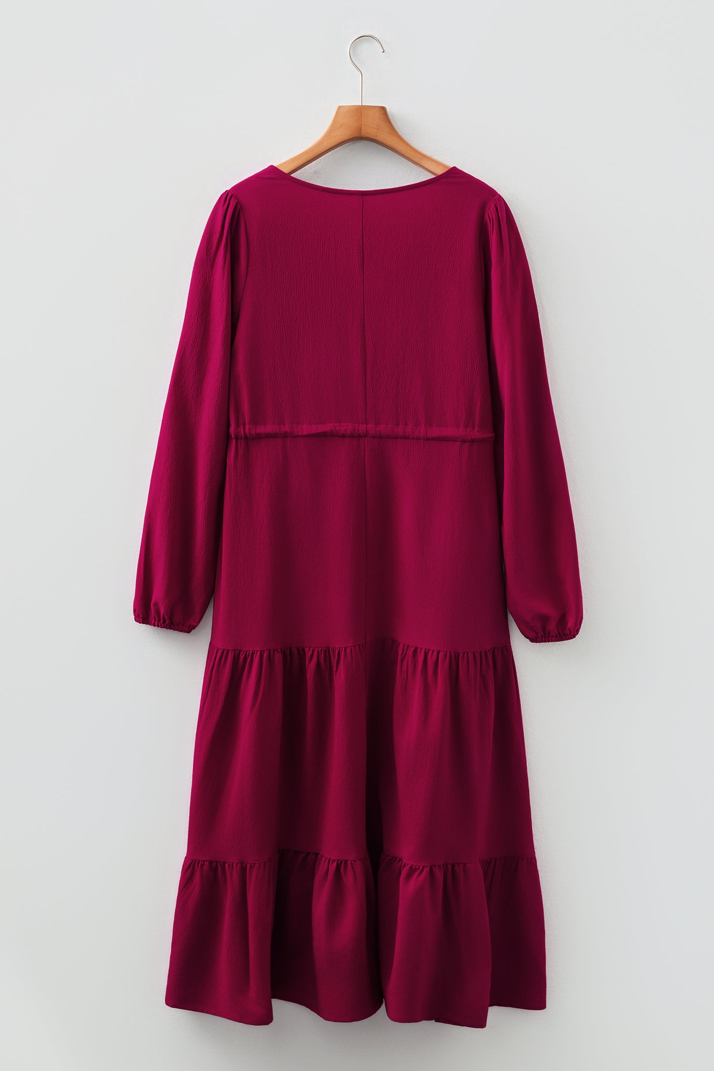 Burgundy Solid Long Sleeve Button V Neck Tiered Maxi Dress