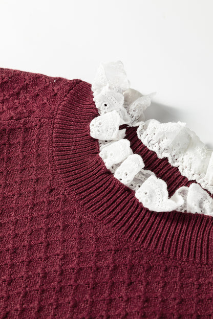 Burgundy Contrast Lace Frilled Trim Raglan Sleeve Sweater