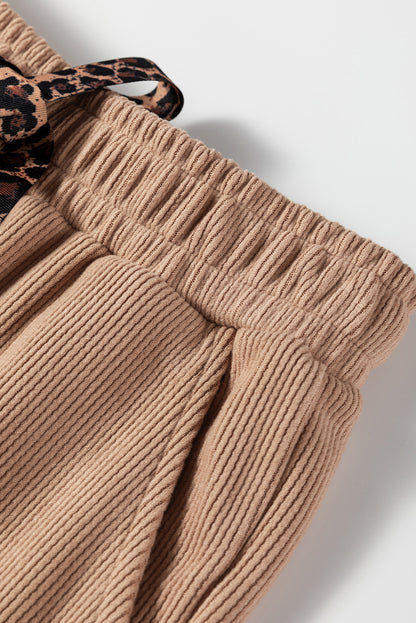 Dark Khaki Leopard Drawstring Pullover Hoodie and High Waist Pants Corduroy Suit