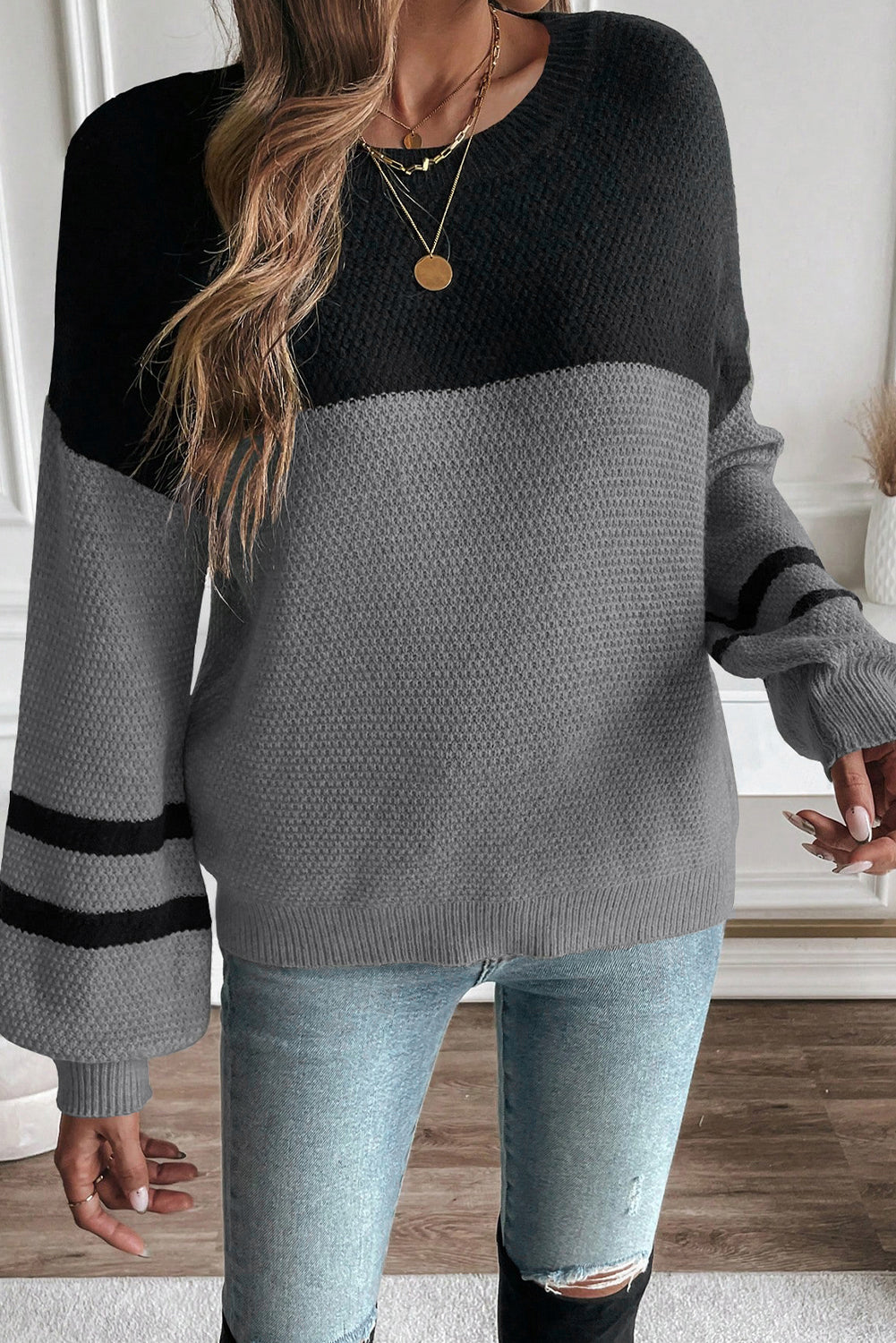Medium Grey Color Block Knit Striped Sleeve Detail Casual Sweater