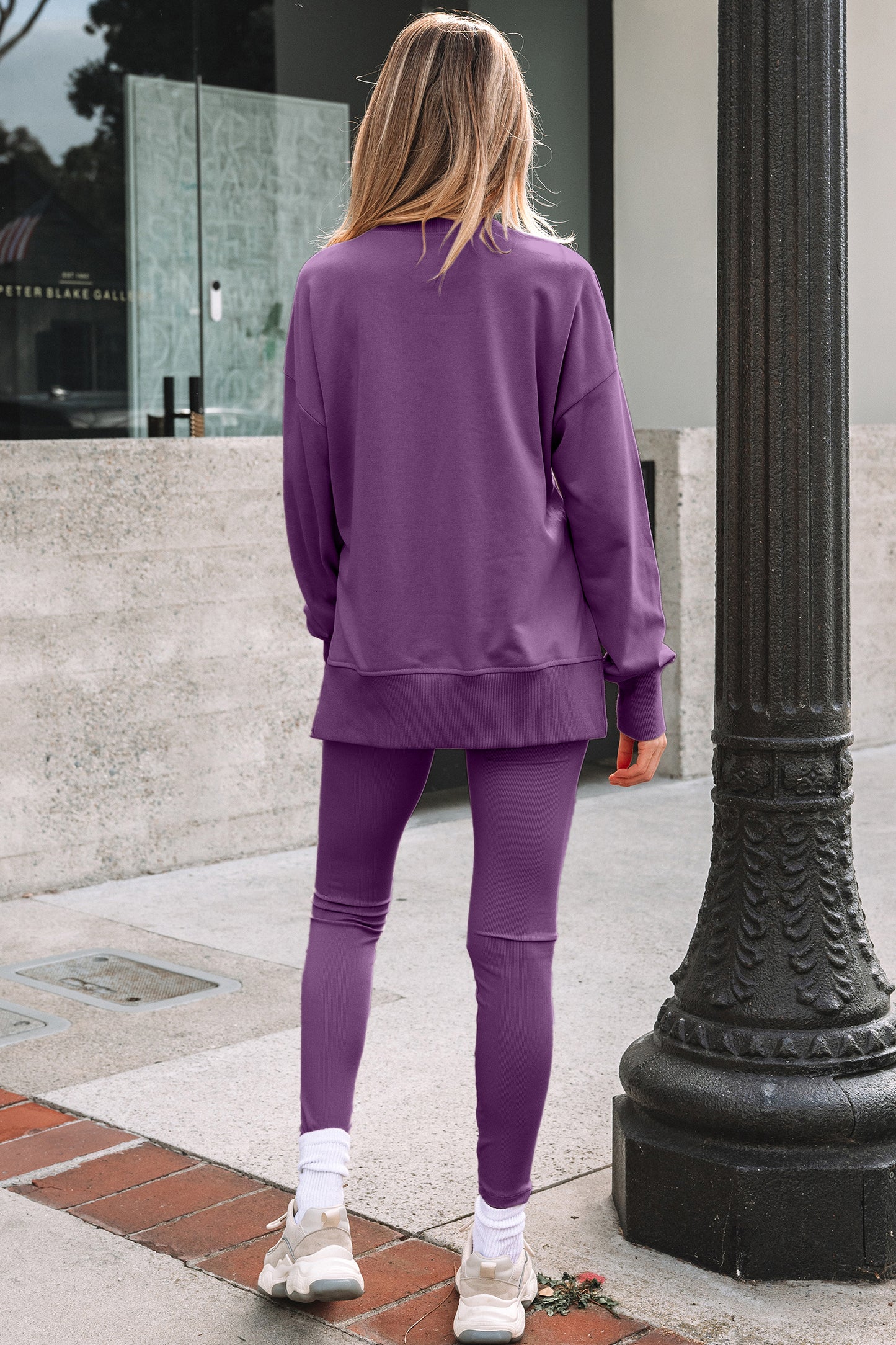 Orchid Mist Solid Color Oversize Slit Sweatshirt Ribbed Leggings 2pcs Set