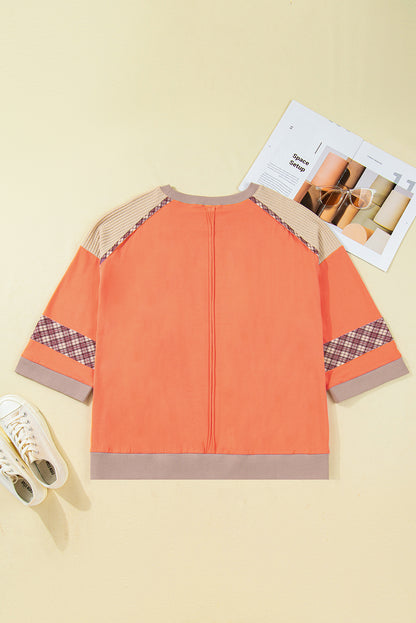 Grapefruit Orange Plaid Flower Waffle Patched Plus Size 3/4 Sleeve Top
