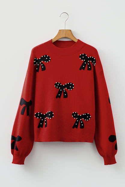 Racing Red Pearl Embellished Bow Pattern Loose Sweater