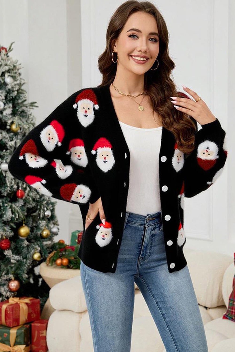 Black Christmas Santa Claus Pattern Button V Neck Sweater Cardigan