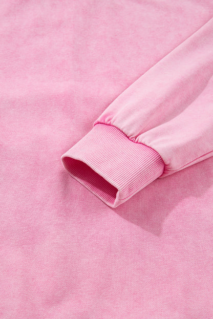 Bright Pink Mineral Wash Crossed Crew Neck Drop Shoulder Loose Sweatshirt