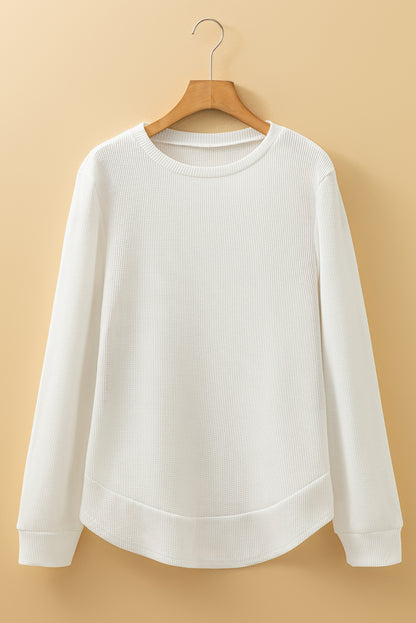 White Rounded Hem Waffle Long Sleeve Top