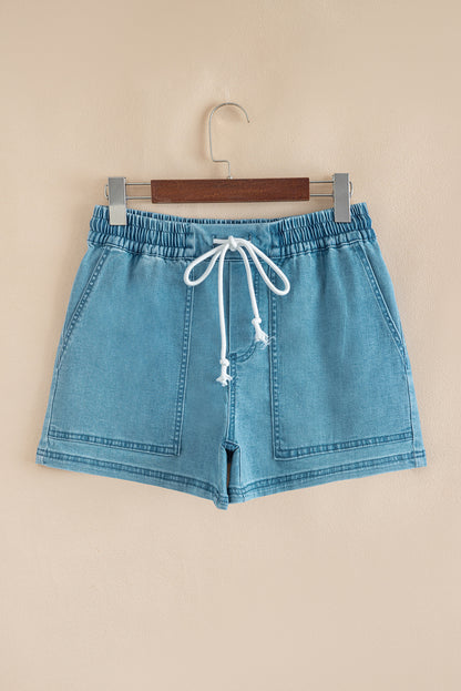 Beau Blue Contrast Drawstring Elastic Waistband Denim Shorts