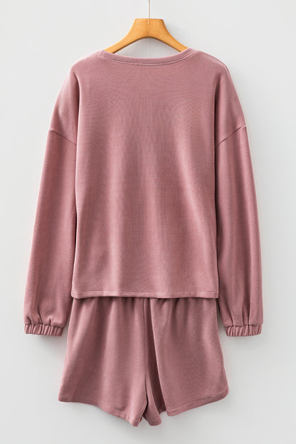 Fushia Solid Color Textured Knit Drop Shoulder Pullover Drawstring Shorts Set