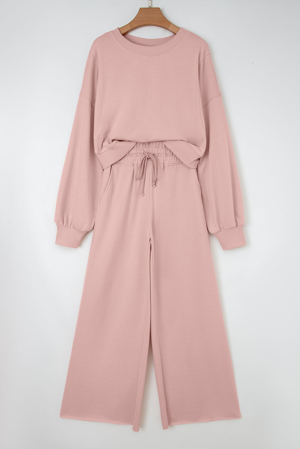 Light Pink Drop Shoulder Puff Sleeve Crop Pullover Drawstring Wide Leg Pants Set