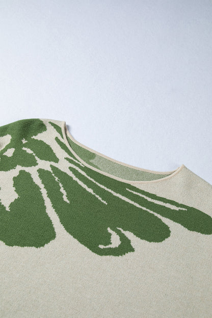 Green Bold Flower Pattern Wide Sleeve Baggy Sweater