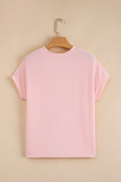 Pink Corded Knit Color Block Pocketed Crew Neck T Shirt