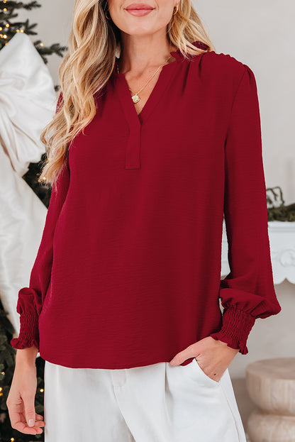 Burgundy Notched Neck Shirred Cuff Long Sleeve Blouse