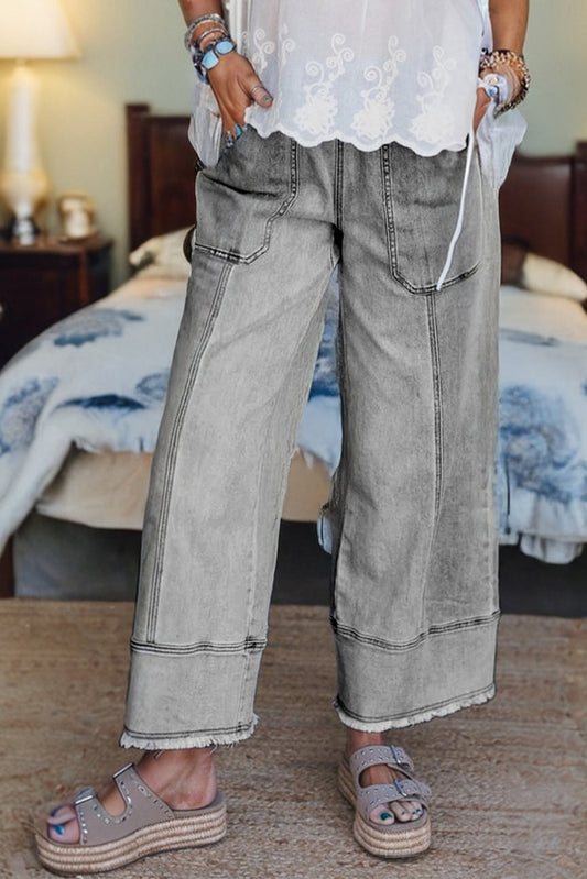 Gray Drawstring Seam Detail Raw Hem Wide Leg Denim Pants