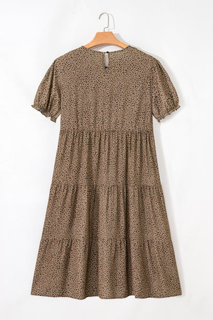 Brown Plus Size Leopard Print Frill Trim Short Sleeve Flared Dress
