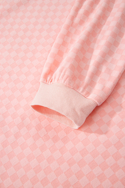 Pink Checkerboard Long Sleeve Pullover and Shorts Set