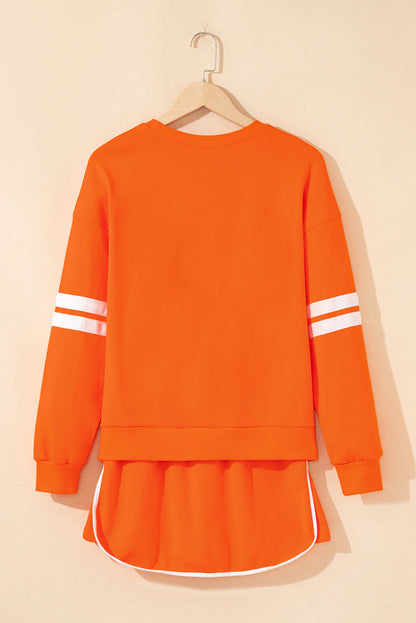 Orange Varsity Stripe Detail Drop Shoulder Pullover Mini Skirt Set