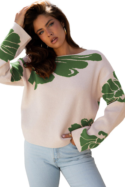 Green Bold Flower Pattern Wide Sleeve Baggy Sweater
