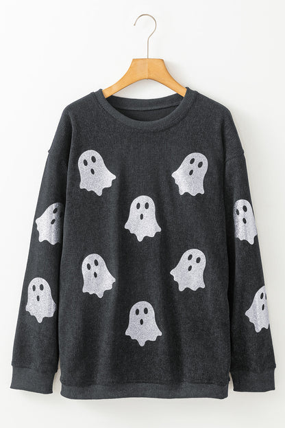 Black Halloween Ghost Corded Crew Neck Loose Sweatshirt