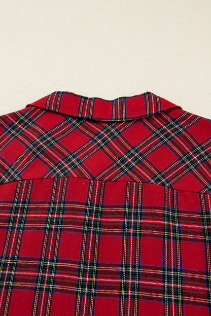 Red Plaid Contrast Patched Christmas Holiday Long Sleeve Shirt and Short 2pcs Pajama Set