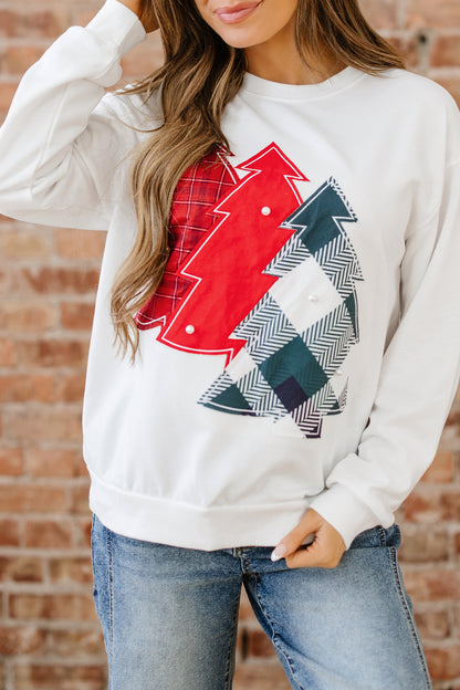 White Pearl Plaid Christmas Tree Patched Drop Shoulder Sweatshirt