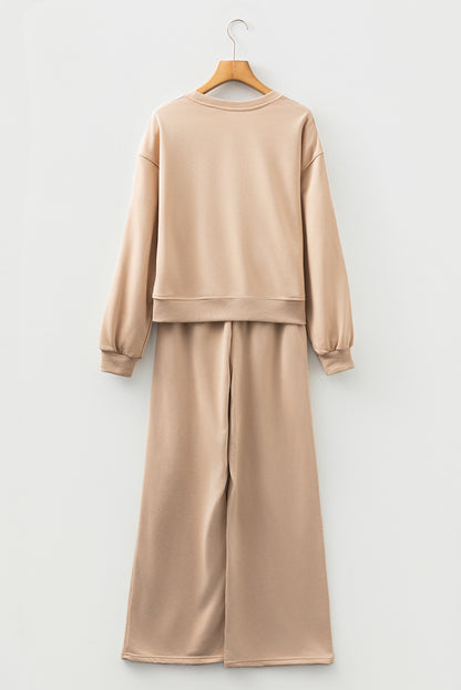 Oatmeal Varsity Striped Detail Crewneck Pullover Elastic Sweatpants 2pcs Outfit