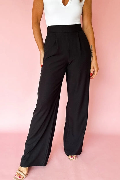 Black Pleated Detail Pull On High Elastic Waist Loose Straight Pants