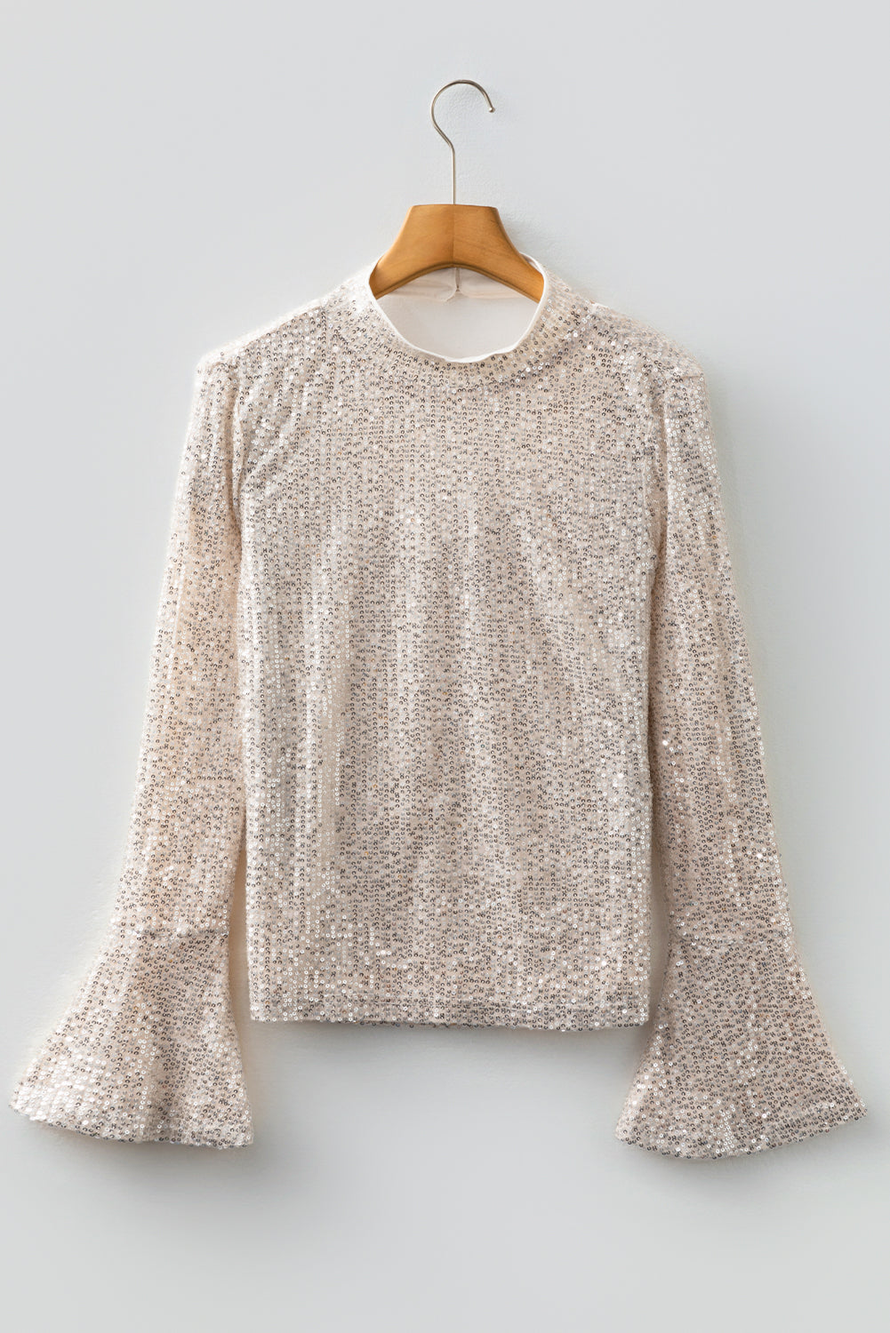 Jet Stream Sequin Mock Neck Drape Open Back Bell Sleeve Top