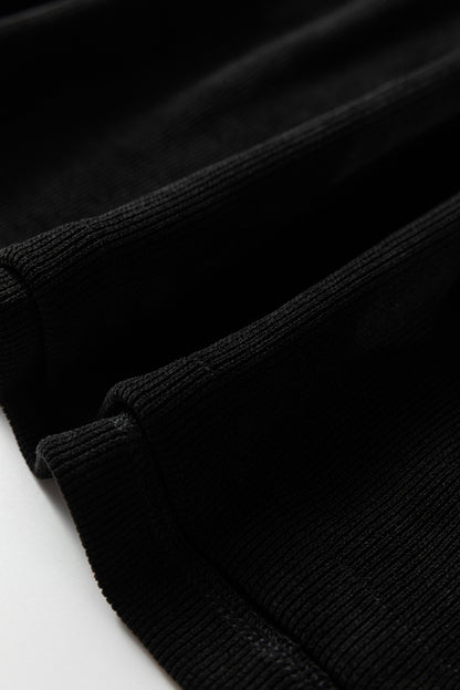 Black Solid Color Textured Knit Drop Shoulder Pullover Drawstring Shorts Set