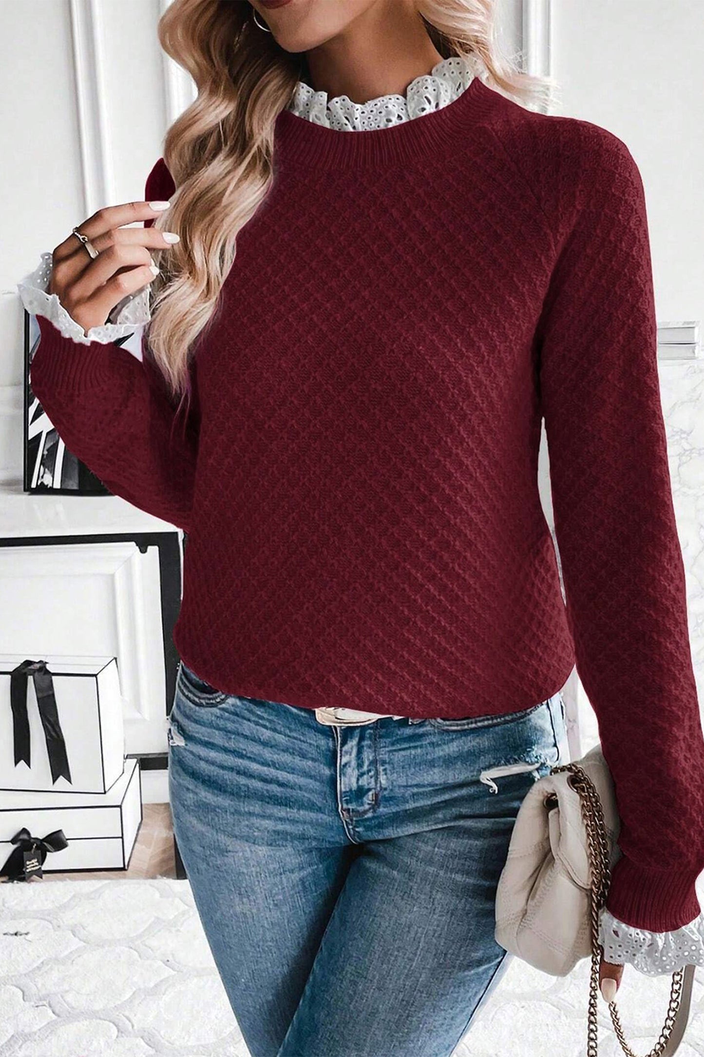 Burgundy Contrast Lace Frilled Trim Raglan Sleeve Sweater