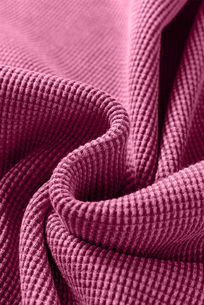 Bright Pink Waffle Knit Patchwork Long Sleeve Loose Top