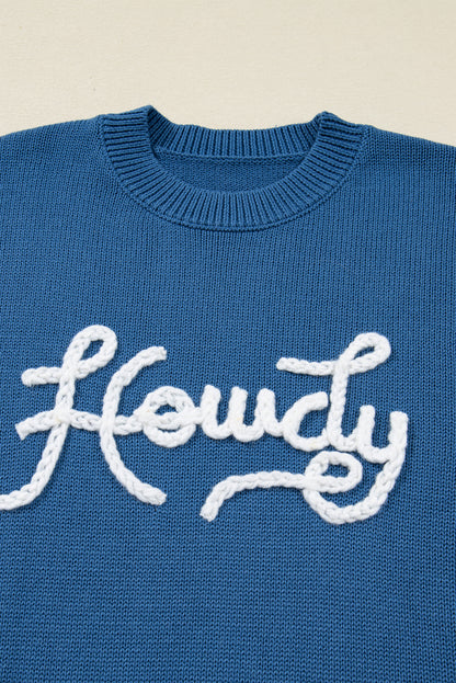 Dusk Blue Howdy Embroidered Graphic Western Sweater